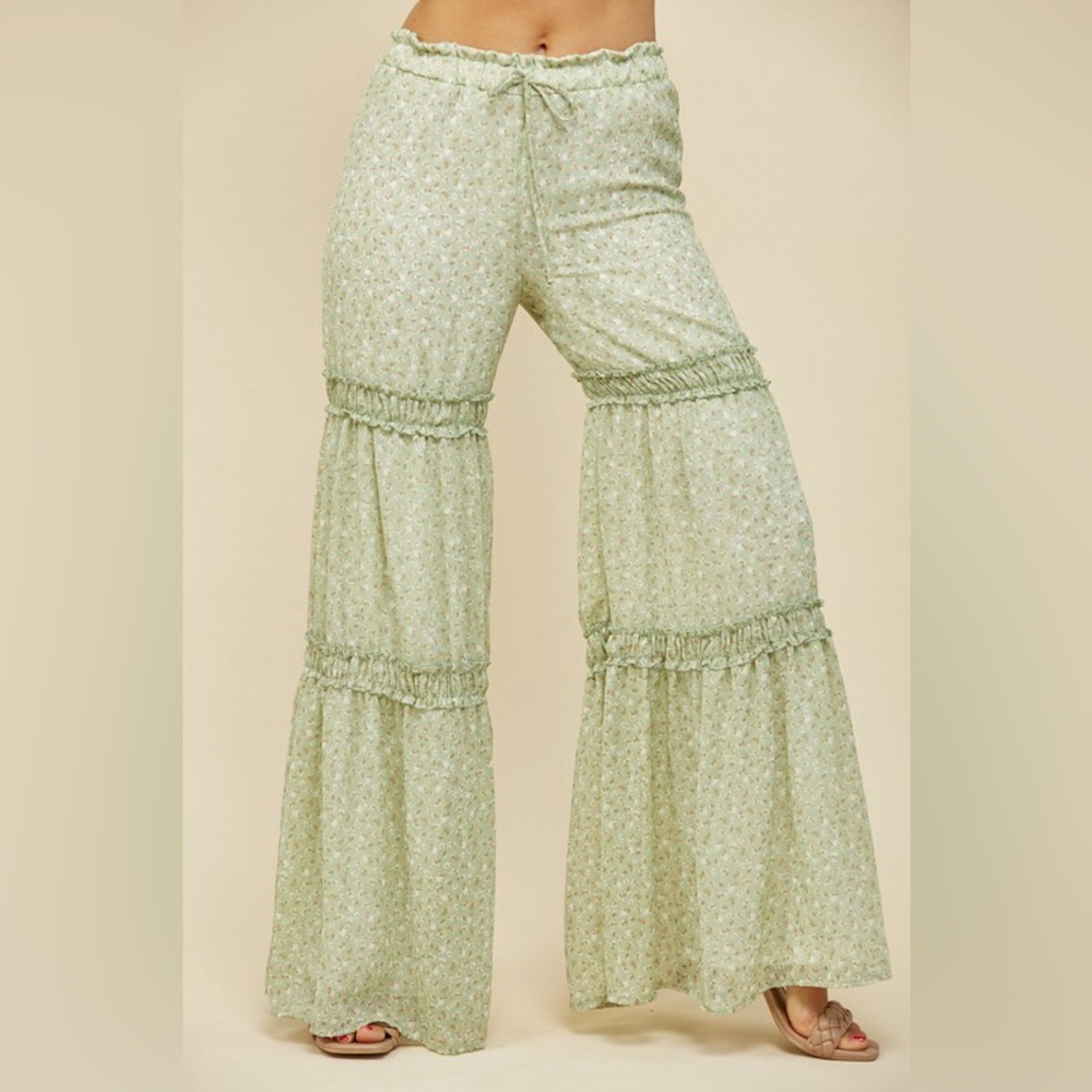 🔵 57B. Chiffon Floral Tiered Palazzo Pants - Sage